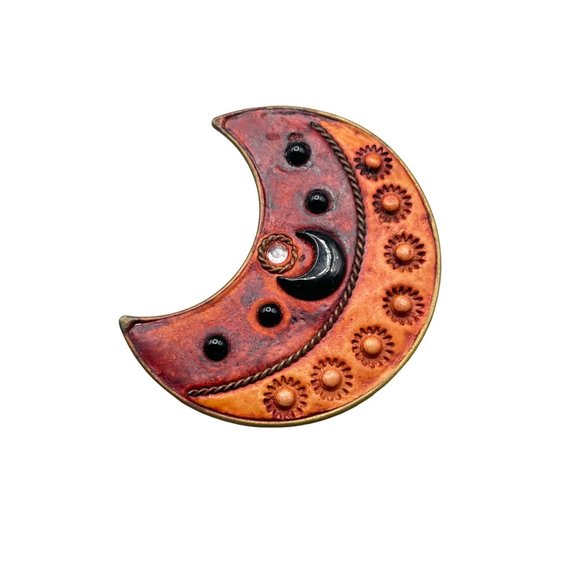 Vintage Handcrafted Moon Brooch Clay & Beads Crescent Moon Whimsical Jewelry - Picture 1 of 7